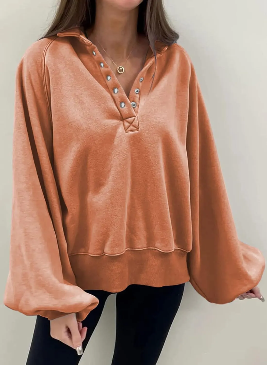 Dokotoo Womens 2023 Fashion Oversized Loose Lantern Sleeve Button Collar Pullover Sweatshirts Tops