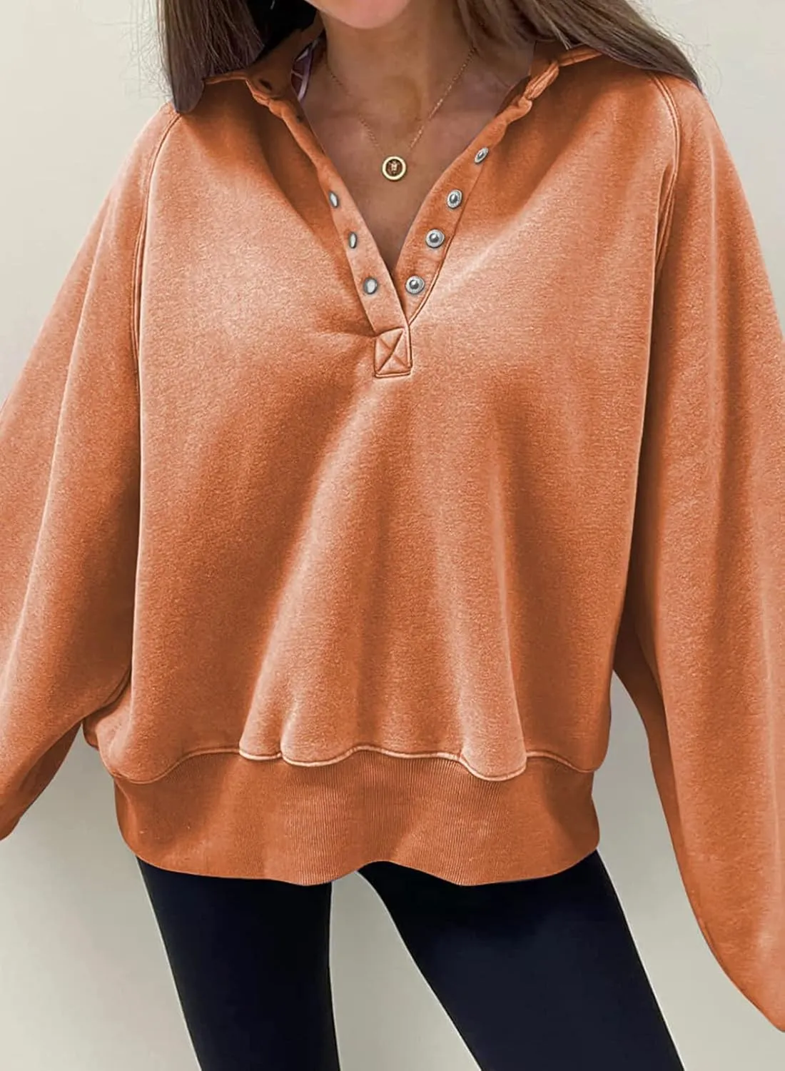 Dokotoo Womens 2023 Fashion Oversized Loose Lantern Sleeve Button Collar Pullover Sweatshirts Tops