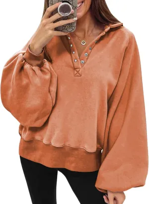 Dokotoo Womens 2023 Fashion Oversized Loose Lantern Sleeve Button Collar Pullover Sweatshirts Tops