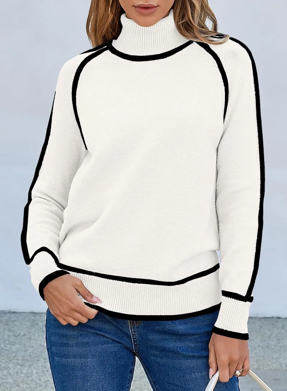 EVALESS Womens Long Sleeve Turtleneck Pullover Sweaters Casual Loose Color Block Cozy Knit Tops