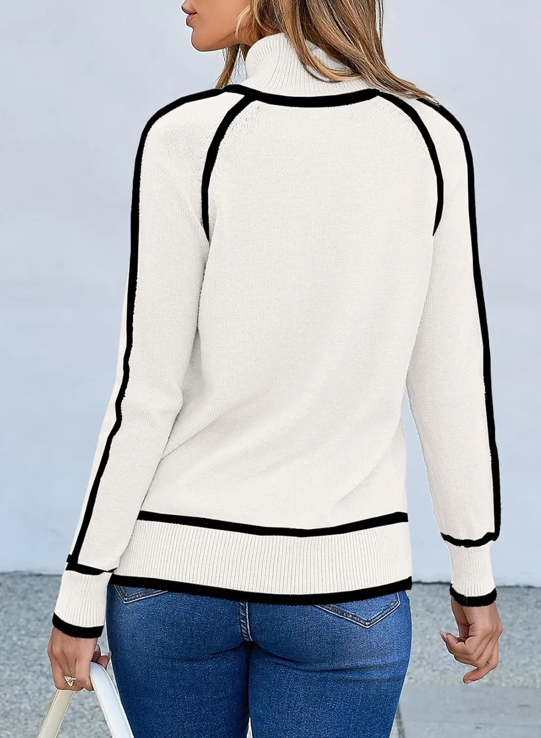 EVALESS Womens Long Sleeve Turtleneck Pullover Sweaters Casual Loose Color Block Cozy Knit Tops