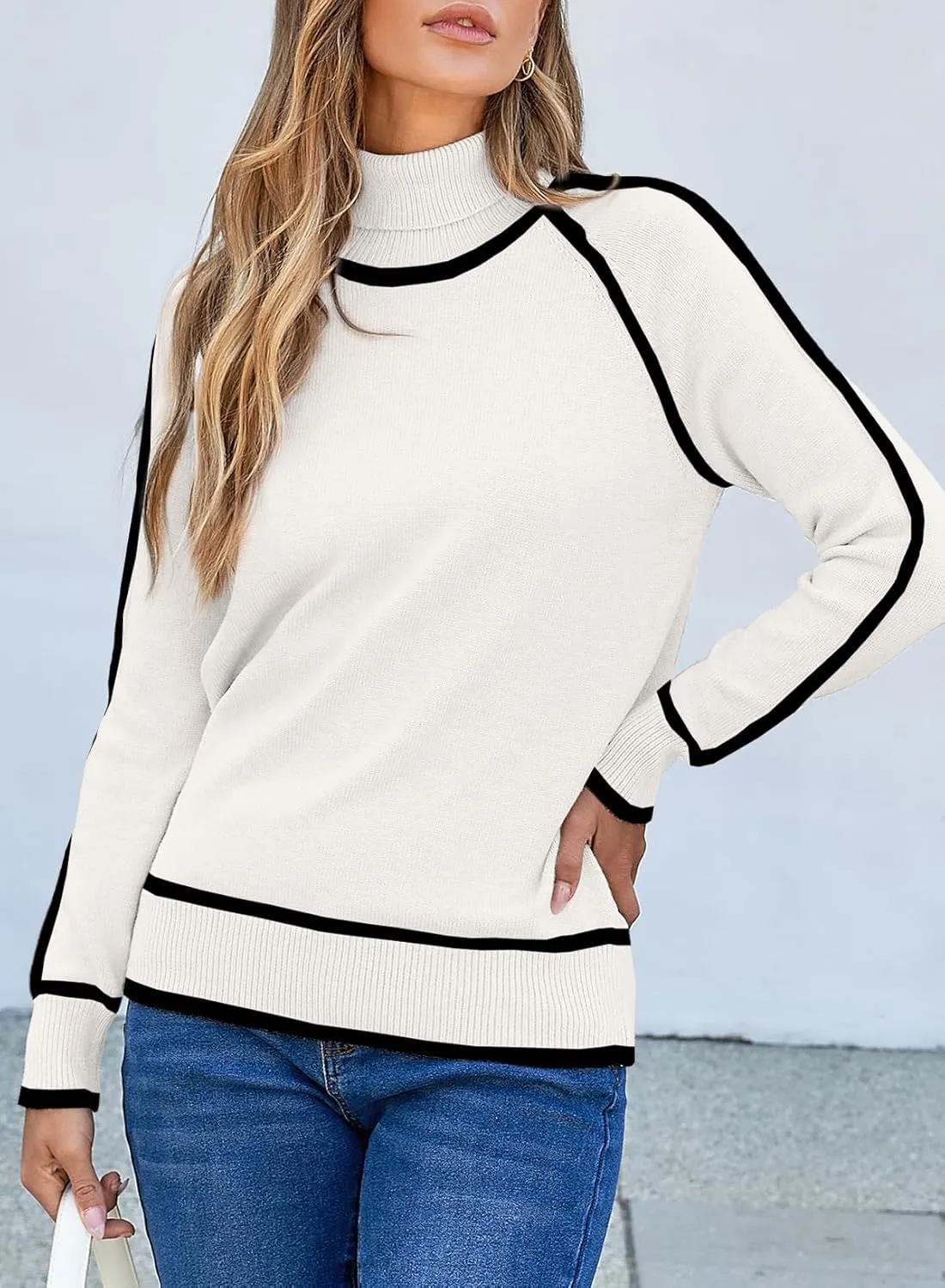 EVALESS Womens Long Sleeve Turtleneck Pullover Sweaters Casual Loose Color Block Cozy Knit Tops