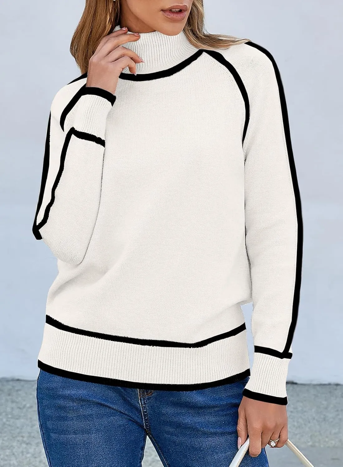 EVALESS Womens Long Sleeve Turtleneck Pullover Sweaters Casual Loose Color Block Cozy Knit Tops