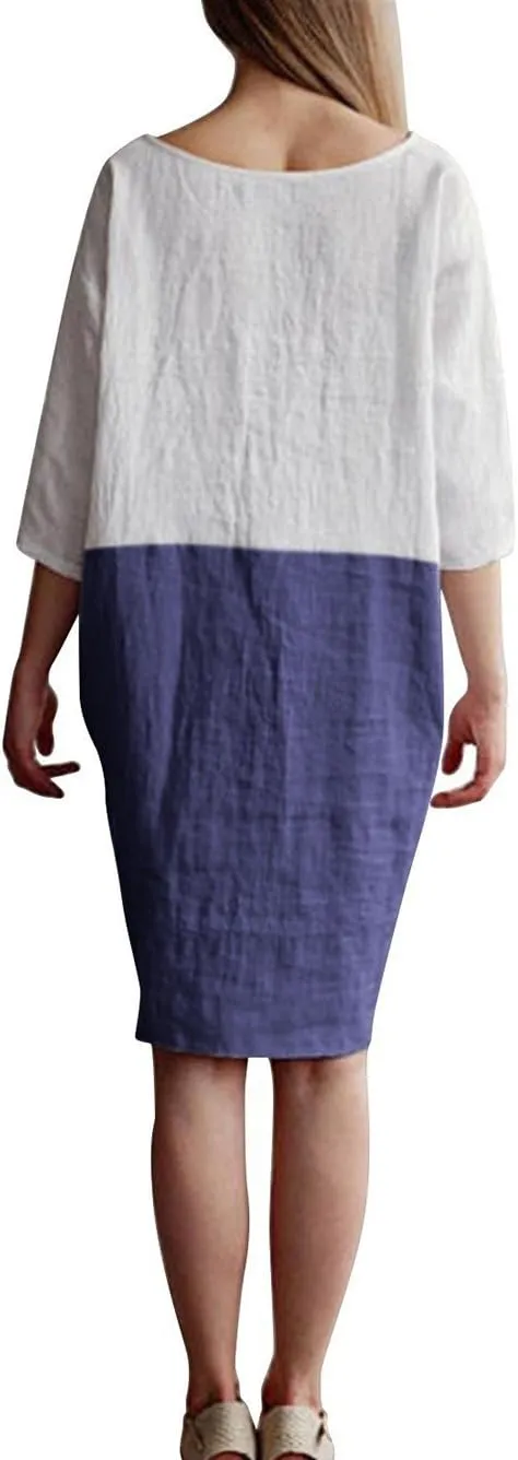 Famulily Women's Oversized 3 4 Sleeve Two Tone Colors Loose T Shirt Dress with Pockets
