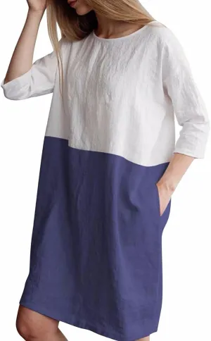 Famulily Women's Oversized 3 4 Sleeve Two Tone Colors Loose T Shirt Dress with Pockets