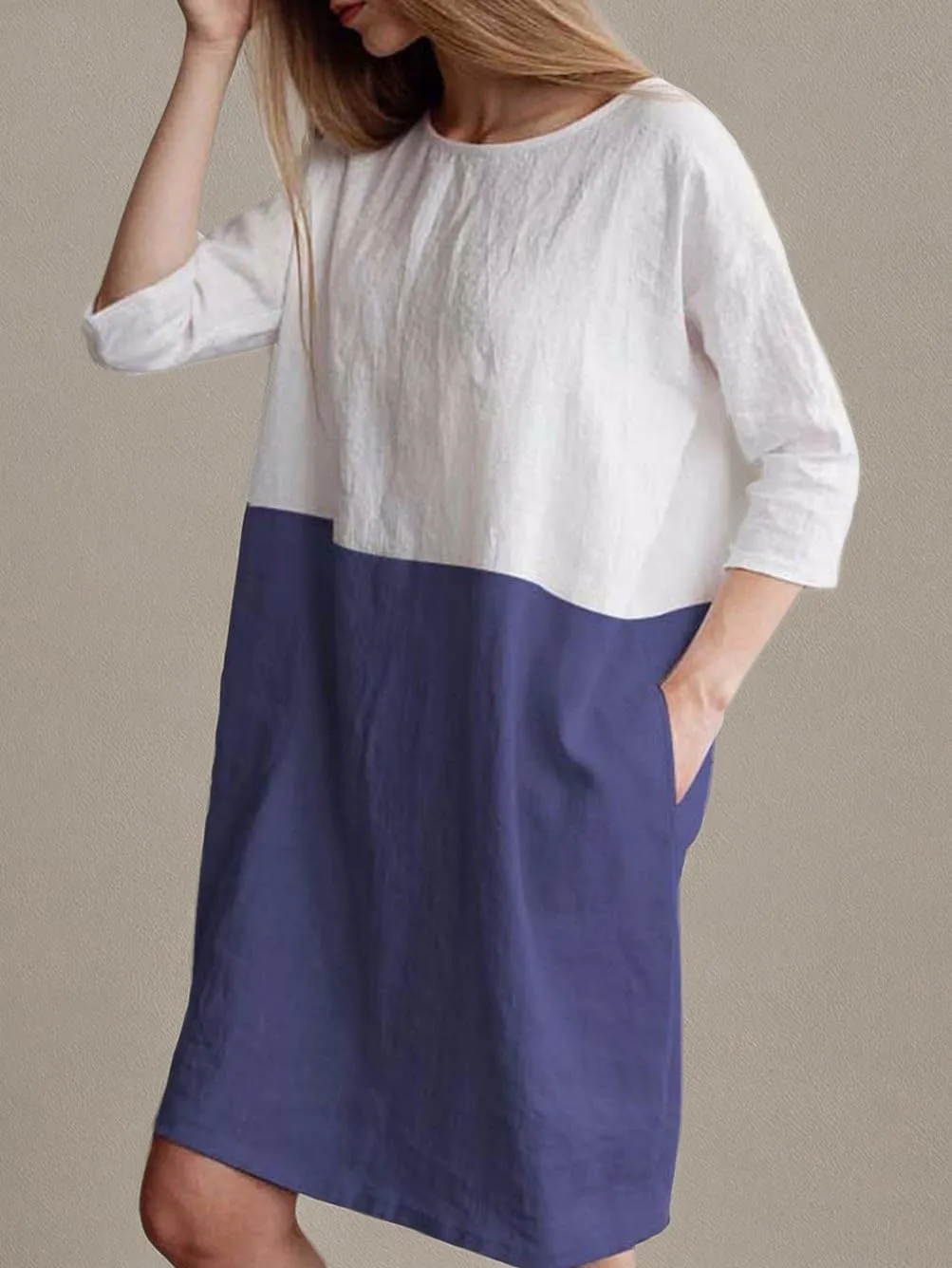 Famulily Women's Oversized 3 4 Sleeve Two Tone Colors Loose T Shirt Dress with Pockets