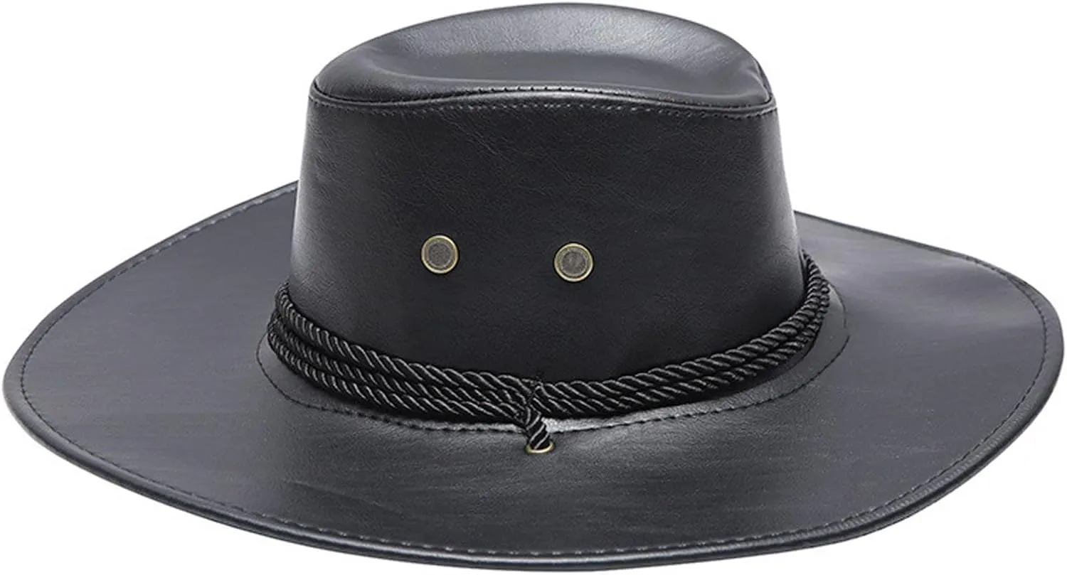 Faux Leather Cowboy Style Classic Western Wide Brim Cowgirl Hat with Buckle Belt Felt Fedora