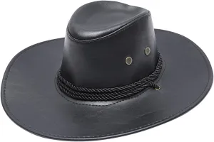 Faux Leather Cowboy Style Classic Western Wide Brim Cowgirl Hat with Buckle Belt Felt Fedora