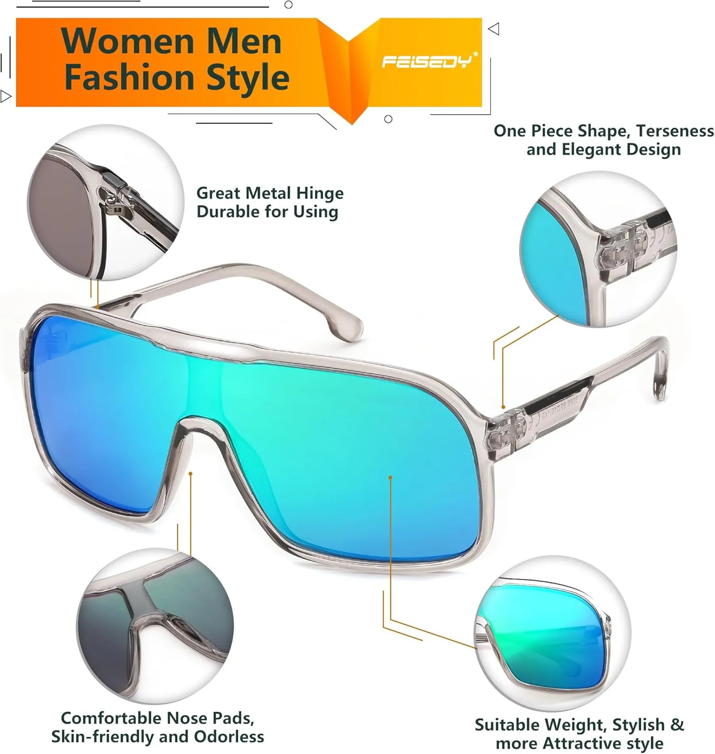 FEISEDY Fashion Polarized Sunglasses Oversized One Piece Reflective Lens Sports Sun Glasses B0122