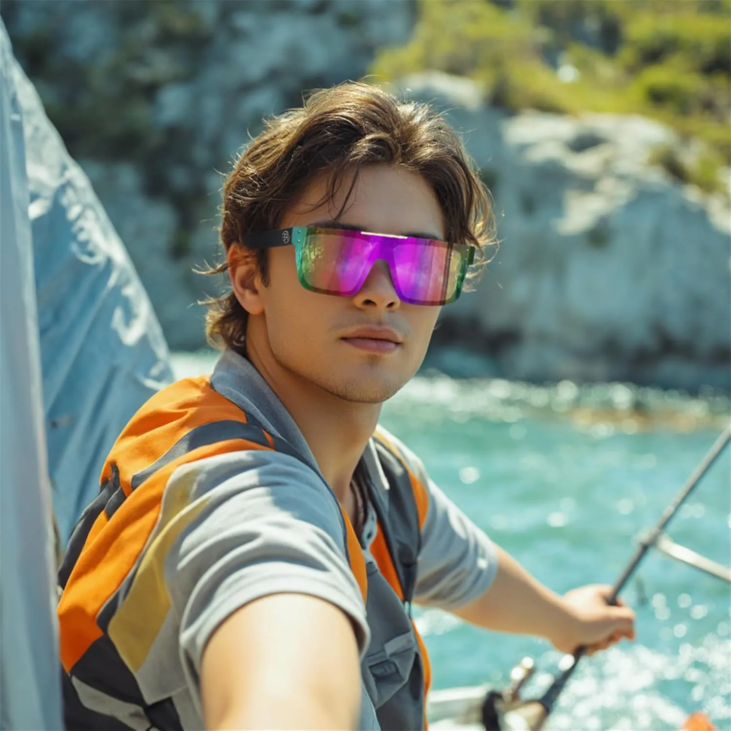 FEISEDY Men Sunglasses Polarized Oversized Square Flat Top Cycling Running Fishing Golf Hiking Sports B2990