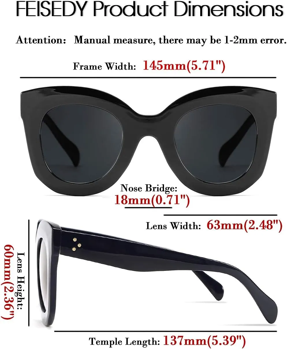FEISEDY Retro Oversized Square Horn Sunglasses Semi Cat Eye Butterfly Glass Big Thick Bold Frame B2572