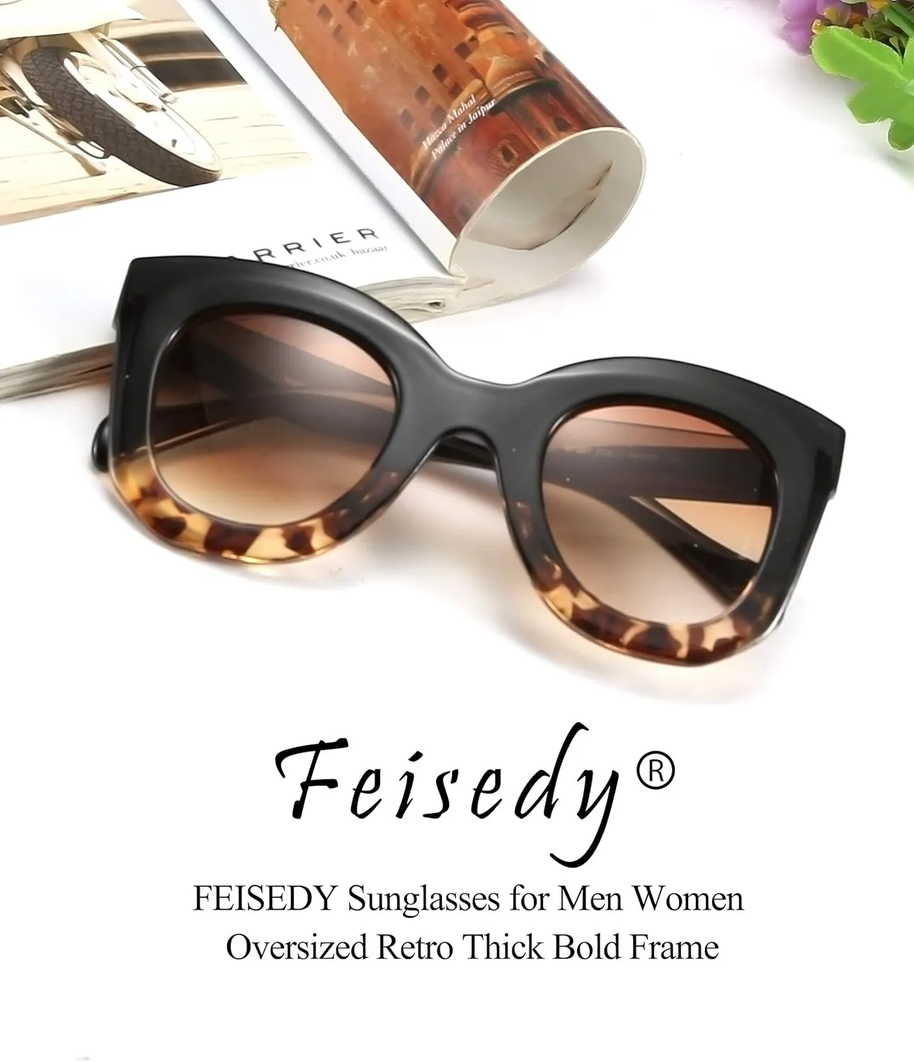 FEISEDY Retro Oversized Square Horn Sunglasses Semi Cat Eye Butterfly Glass Big Thick Bold Frame B2572