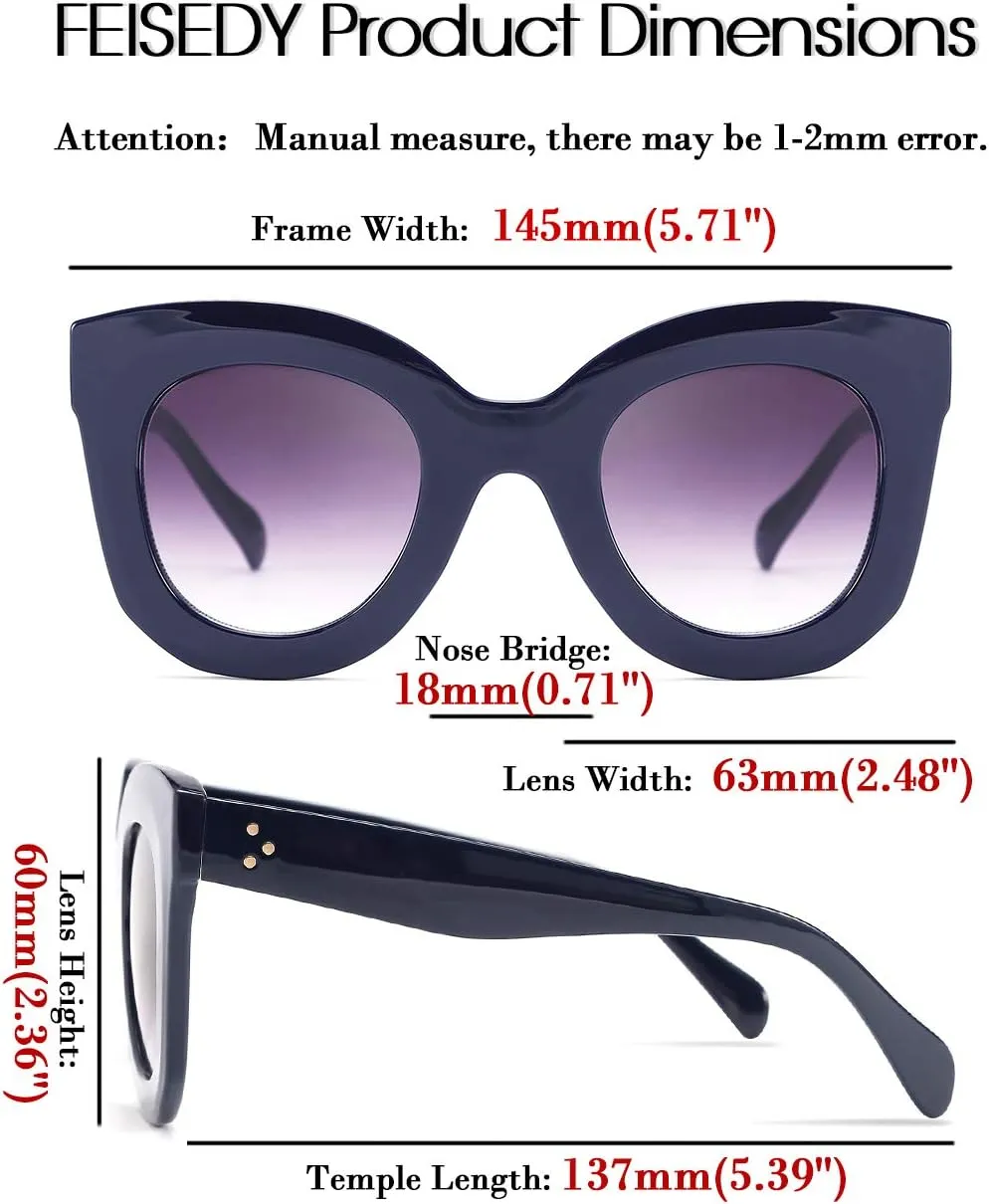 FEISEDY Retro Oversized Square Horn Sunglasses Semi Cat Eye Butterfly Glass Big Thick Bold Frame B2572