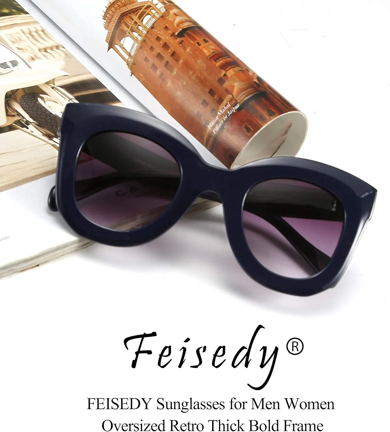 FEISEDY Retro Oversized Square Horn Sunglasses Semi Cat Eye Butterfly Glass Big Thick Bold Frame B2572