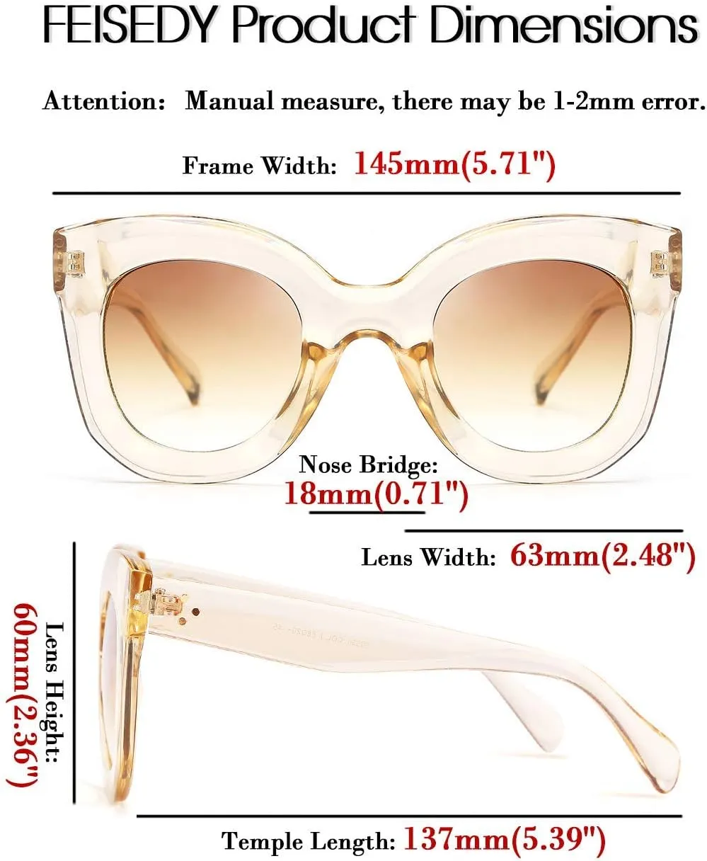 FEISEDY Retro Oversized Square Horn Sunglasses Semi Cat Eye Butterfly Glass Big Thick Bold Frame B2572