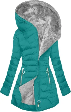 Fleece Lined Down Jacket Women Zip up Puffer Jacket Faux Fur Coat Quilted Insulated Jacket Warm Parka Coat