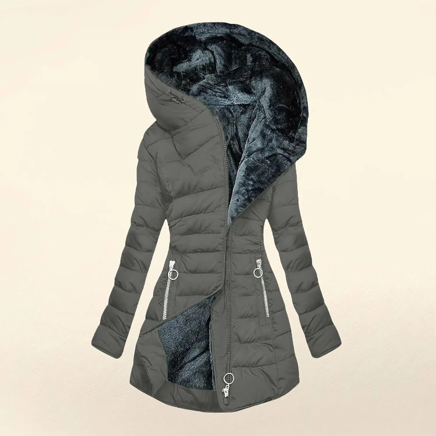 Fleece Lined Down Jacket Women Zip up Puffer Jacket Faux Fur Coat Quilted Insulated Jacket Warm Parka Coat