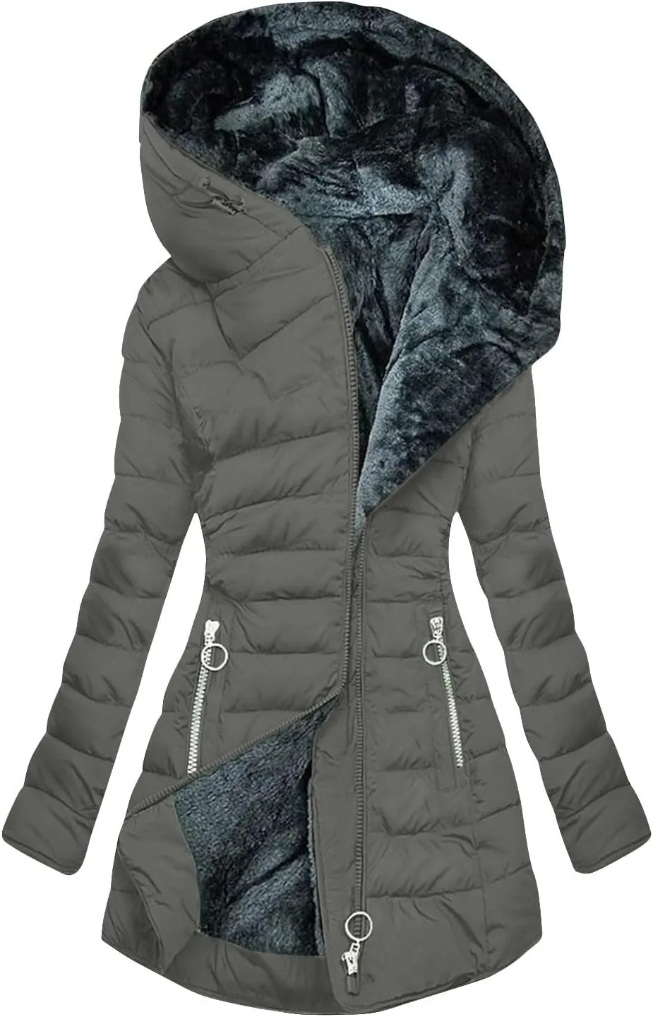Fleece Lined Down Jacket Women Zip up Puffer Jacket Faux Fur Coat Quilted Insulated Jacket Warm Parka Coat