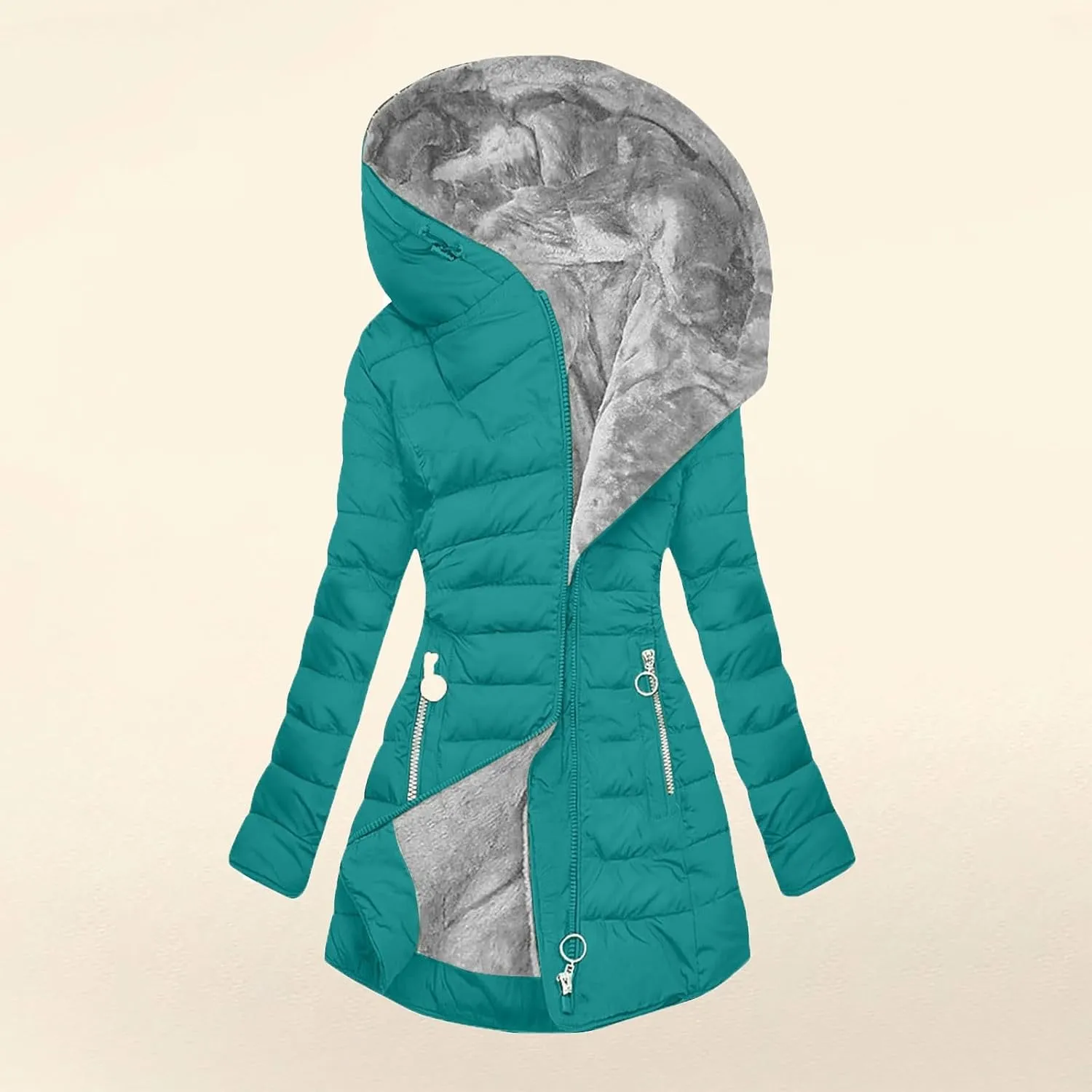 Fleece Lined Down Jacket Women Zip up Puffer Jacket Faux Fur Coat Quilted Insulated Jacket Warm Parka Coat