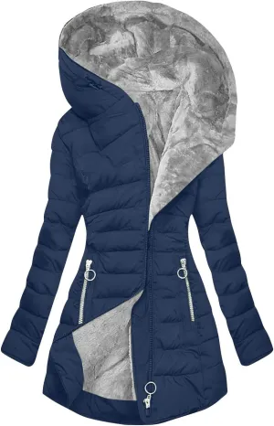 Fleece Lined Down Jacket Women Zip up Puffer Jacket Faux Fur Coat Quilted Insulated Jacket Warm Parka Coat
