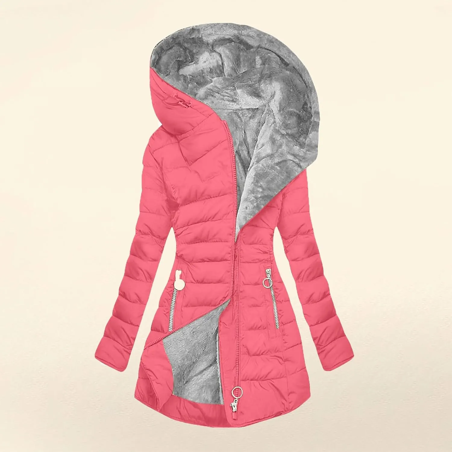 Fleece Lined Down Jacket Women Zip up Puffer Jacket Faux Fur Coat Quilted Insulated Jacket Warm Parka Coat