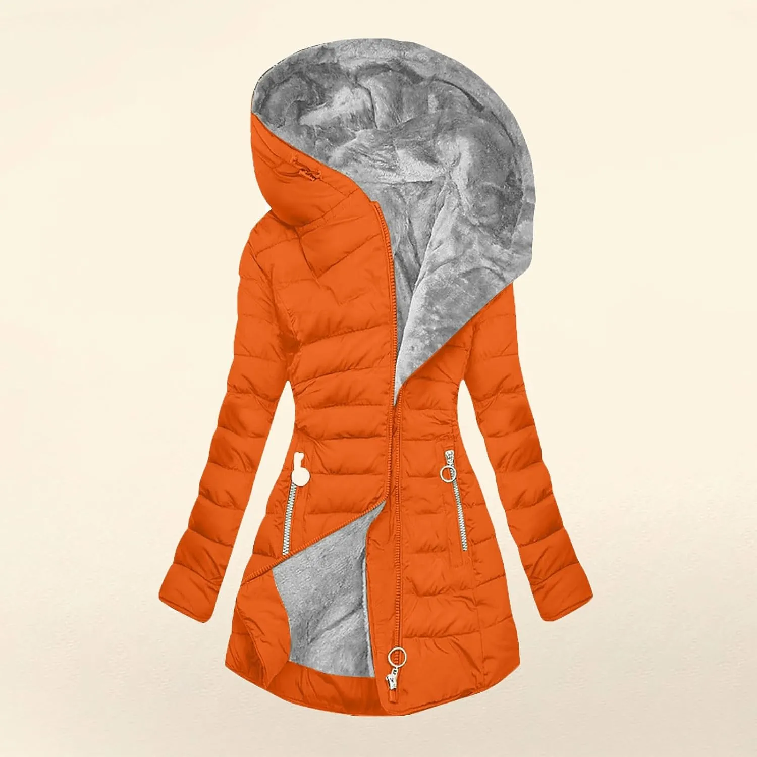 Fleece Lined Down Jacket Women Zip up Puffer Jacket Faux Fur Coat Quilted Insulated Jacket Warm Parka Coat