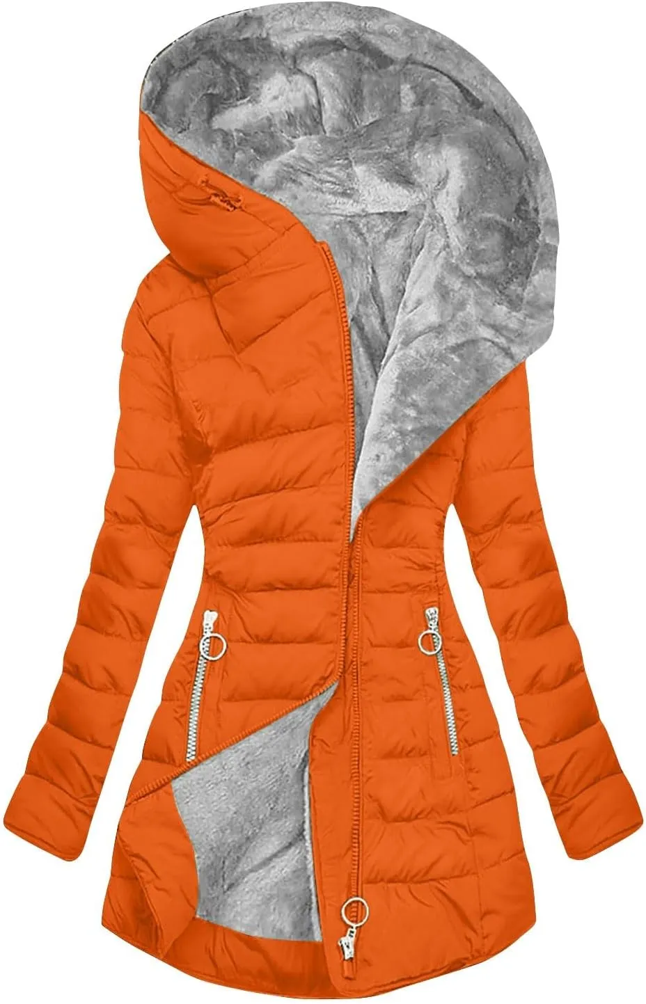 Fleece Lined Down Jacket Women Zip up Puffer Jacket Faux Fur Coat Quilted Insulated Jacket Warm Parka Coat
