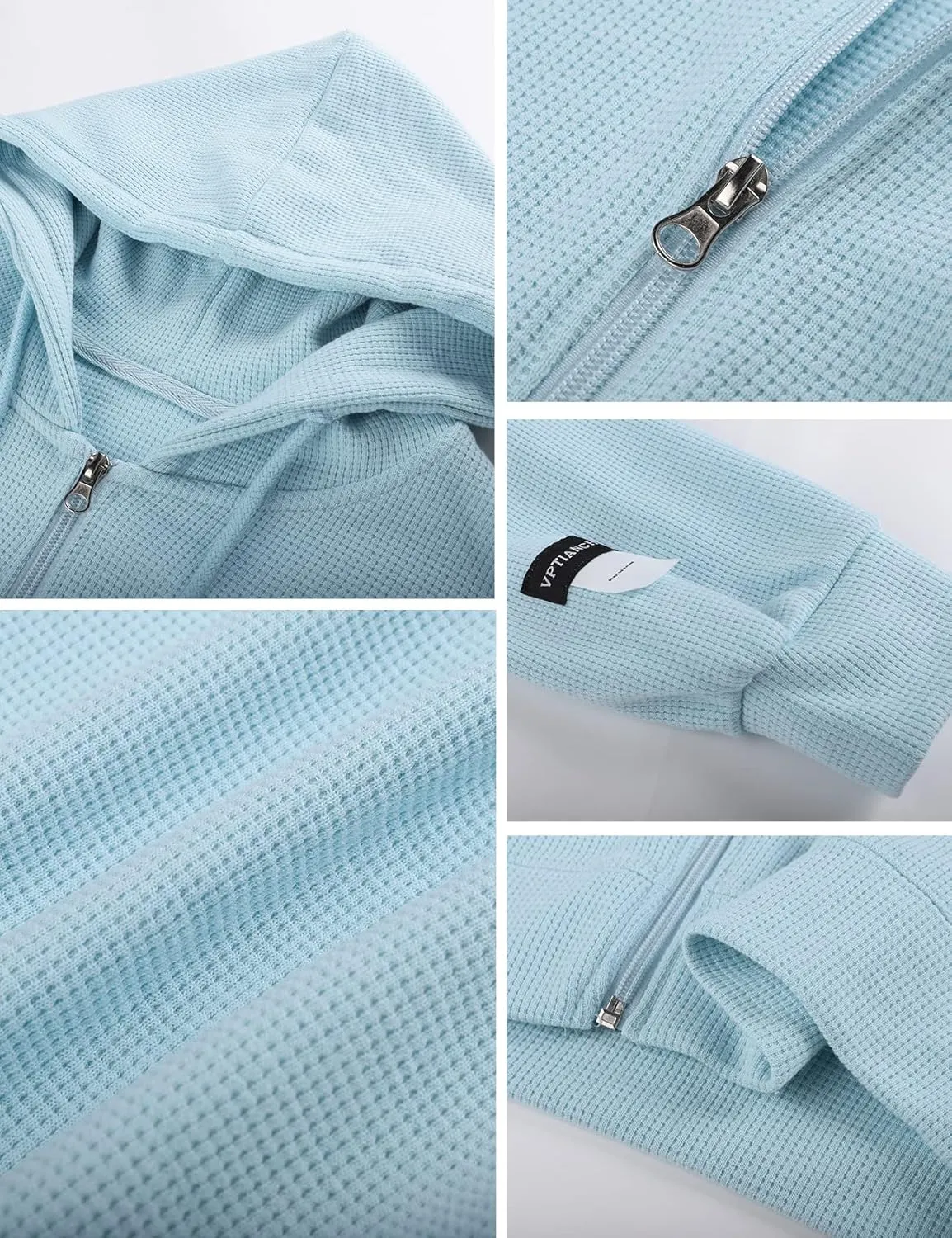 Flygo Women's Waffle Knit Cropped Zip Up Hoodie Vintage Long Sleeve Sweatshirt Jacket with Hood