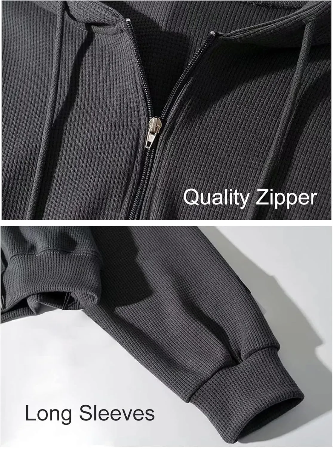 Flygo Women's Waffle Knit Cropped Zip Up Hoodie Vintage Long Sleeve Sweatshirt Jacket with Hood