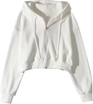 Flygo Women's Waffle Knit Cropped Zip Up Hoodie Vintage Long Sleeve Sweatshirt Jacket with Hood