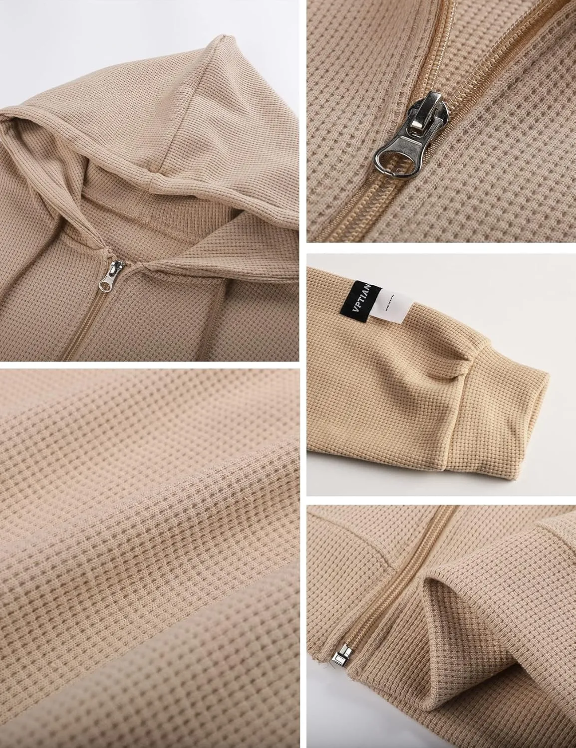 Flygo Women's Waffle Knit Cropped Zip Up Hoodie Vintage Long Sleeve Sweatshirt Jacket with Hood