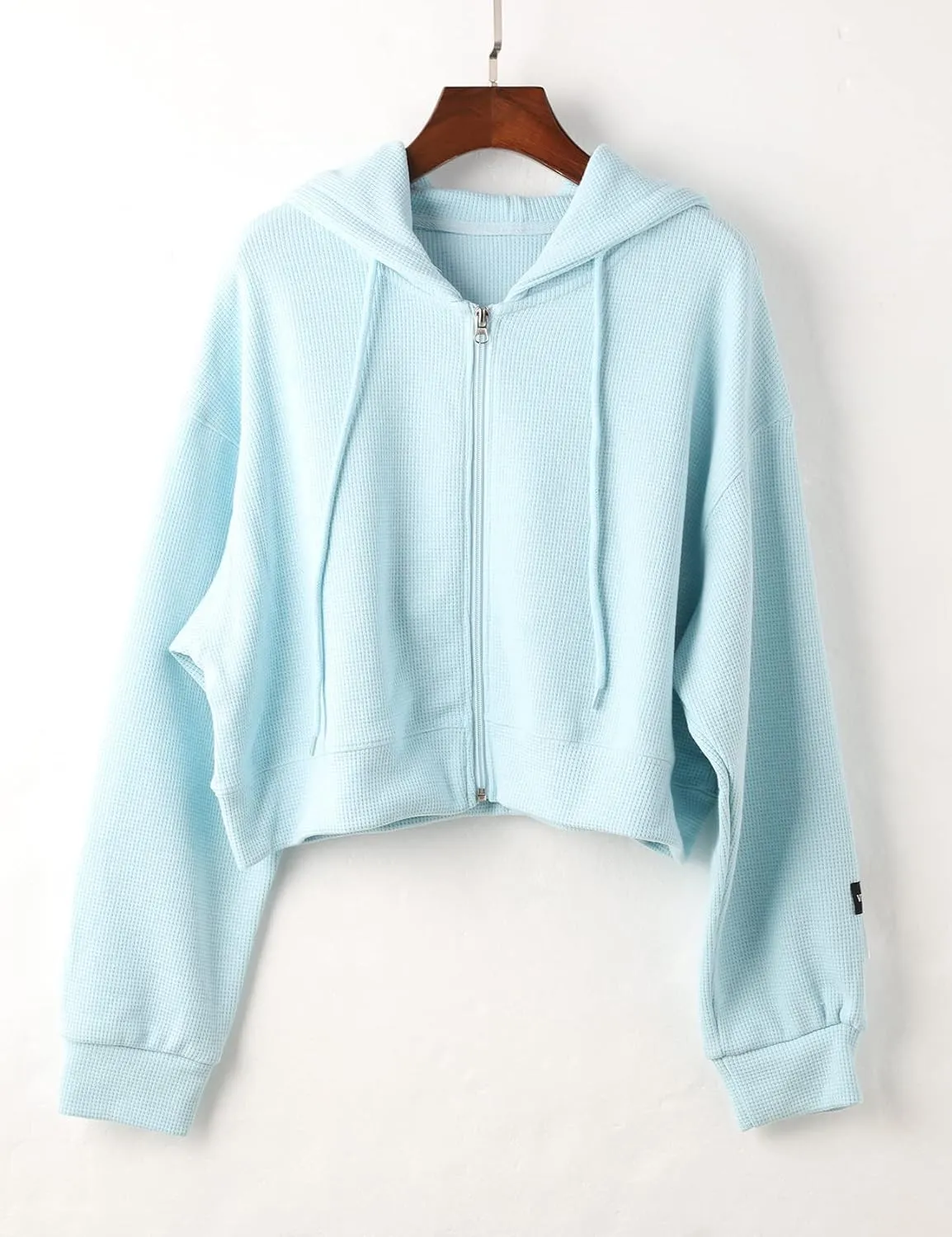 Flygo Women's Waffle Knit Cropped Zip Up Hoodie Vintage Long Sleeve Sweatshirt Jacket with Hood