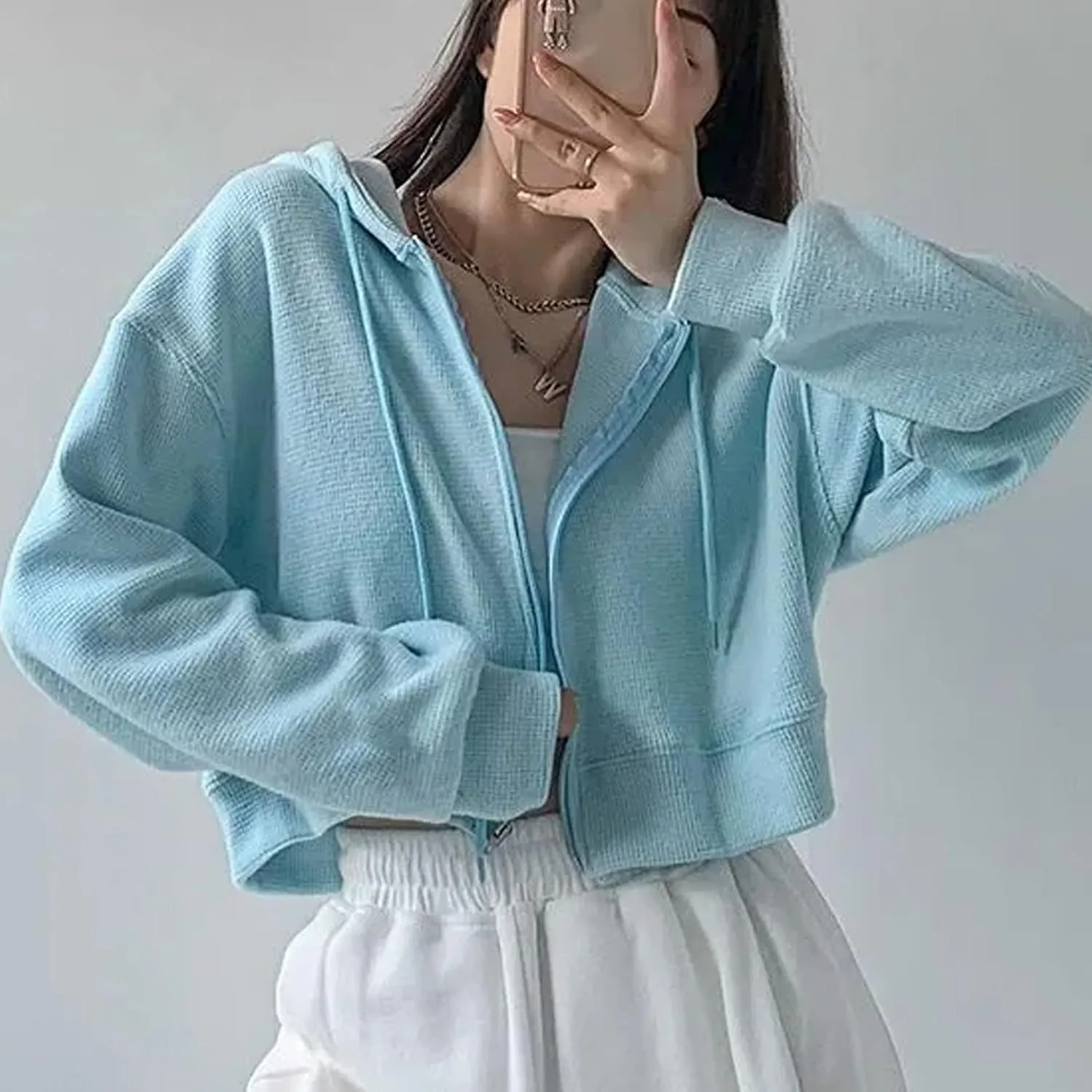 Flygo Women's Waffle Knit Cropped Zip Up Hoodie Vintage Long Sleeve Sweatshirt Jacket with Hood