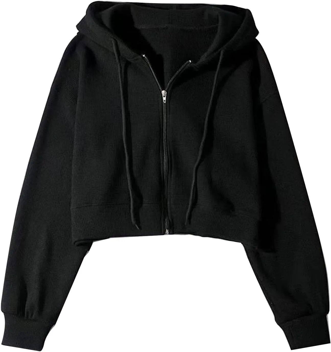 Flygo Women's Waffle Knit Cropped Zip Up Hoodie Vintage Long Sleeve Sweatshirt Jacket with Hood