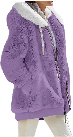 Fuzzy Fleece Jackets for Women Sherpa Lined Long Sleeve Full Zip Up Plush Jacket Loose Fit Hooded Warm Winter Coats