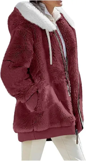 Fuzzy Fleece Jackets for Women Sherpa Lined Long Sleeve Full Zip Up Plush Jacket Loose Fit Hooded Warm Winter Coats