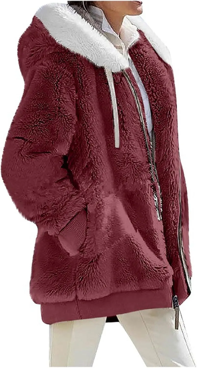 Fuzzy Fleece Jackets for Women Sherpa Lined Long Sleeve Full Zip Up Plush Jacket Loose Fit Hooded Warm Winter Coats