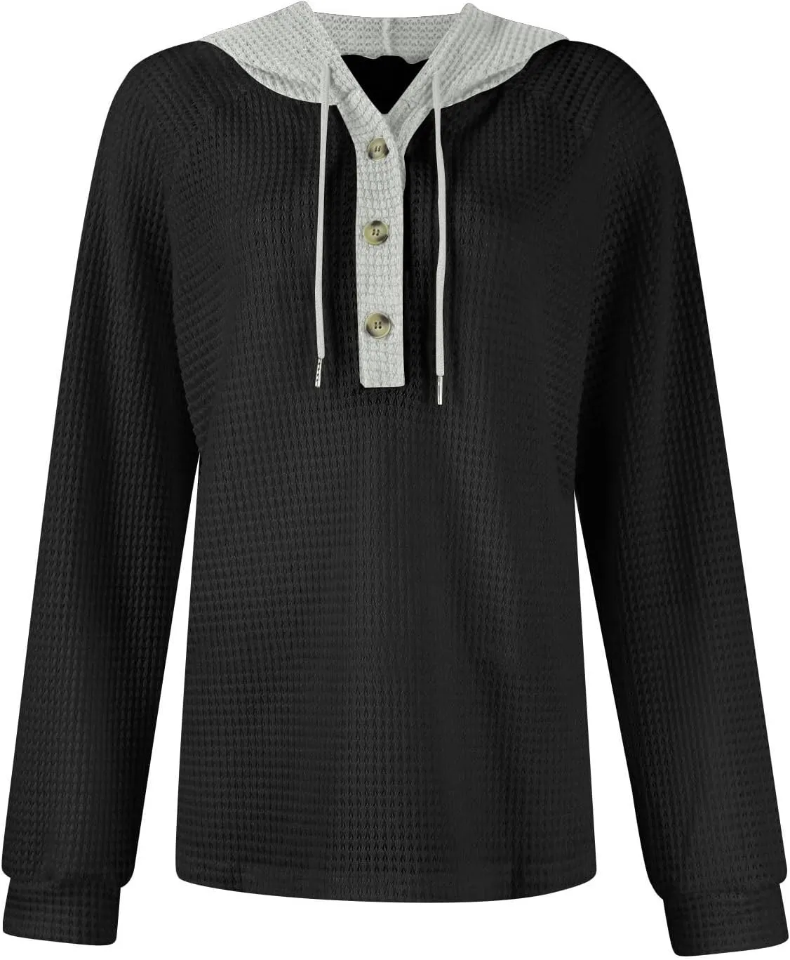 GOFULY Oversized Sweatshirt For Women Waffle Button Hoodie Fall V Neck Shirts Long Sleeve Solid Drawstring Hoodies Pullover