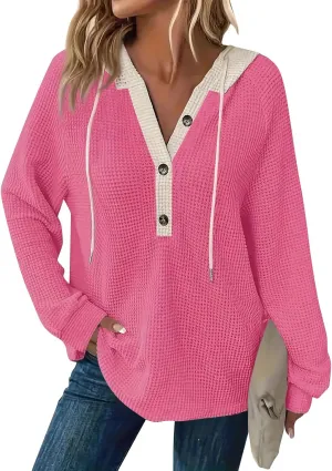 GOFULY Oversized Sweatshirt For Women Waffle Button Hoodie Fall V Neck Shirts Long Sleeve Solid Drawstring Hoodies Pullover