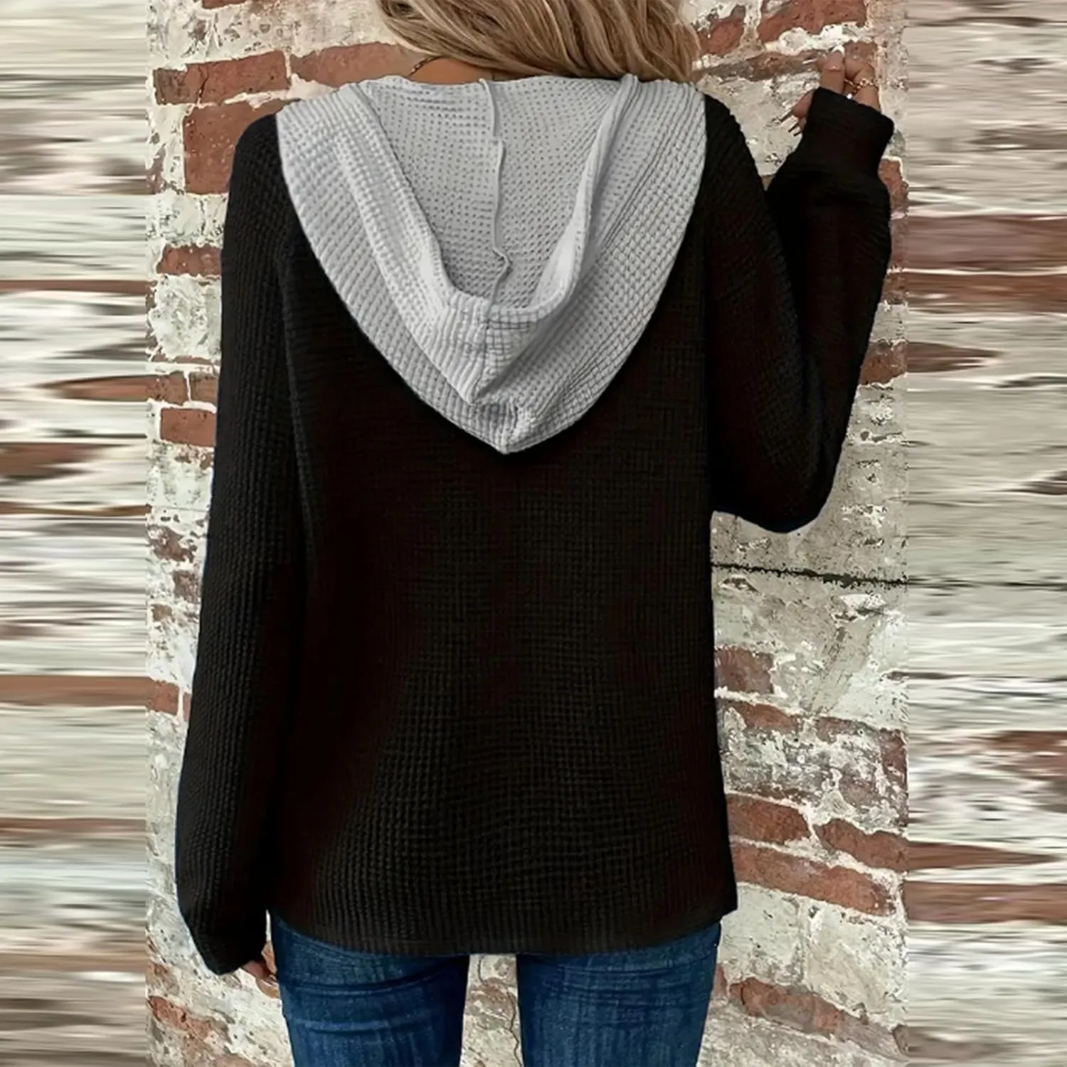 GOFULY Oversized Sweatshirt For Women Waffle Button Hoodie Fall V Neck Shirts Long Sleeve Solid Drawstring Hoodies Pullover