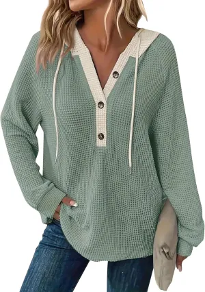 GOFULY Oversized Sweatshirt For Women Waffle Button Hoodie Fall V Neck Shirts Long Sleeve Solid Drawstring Hoodies Pullover