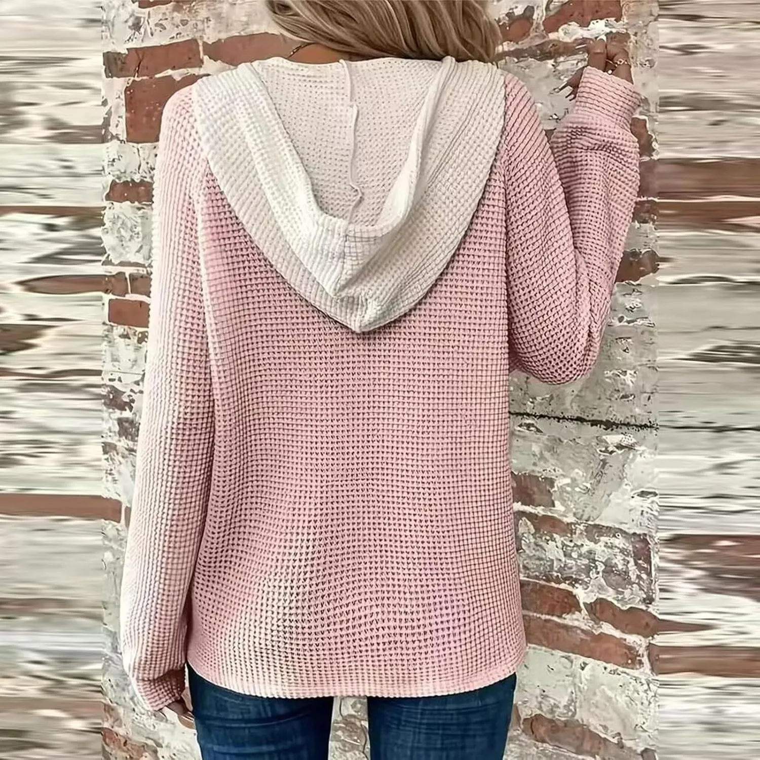 GOFULY Oversized Sweatshirt For Women Waffle Button Hoodie Fall V Neck Shirts Long Sleeve Solid Drawstring Hoodies Pullover