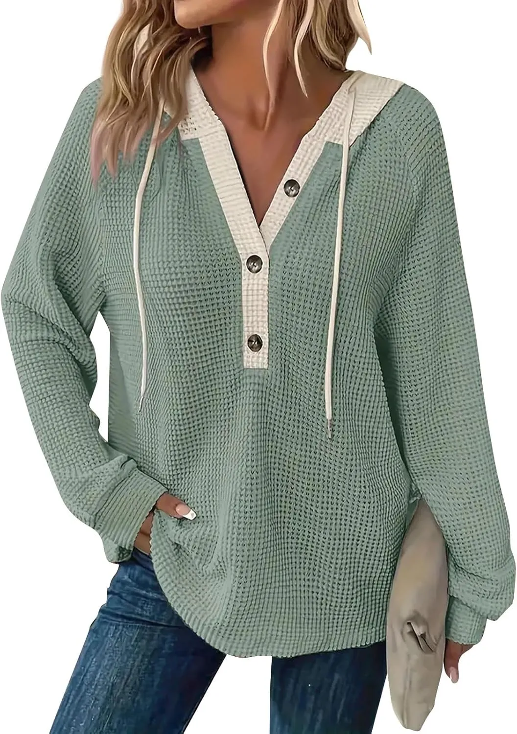 GOFULY Oversized Sweatshirt For Women Waffle Button Hoodie Fall V Neck Shirts Long Sleeve Solid Drawstring Hoodies Pullover