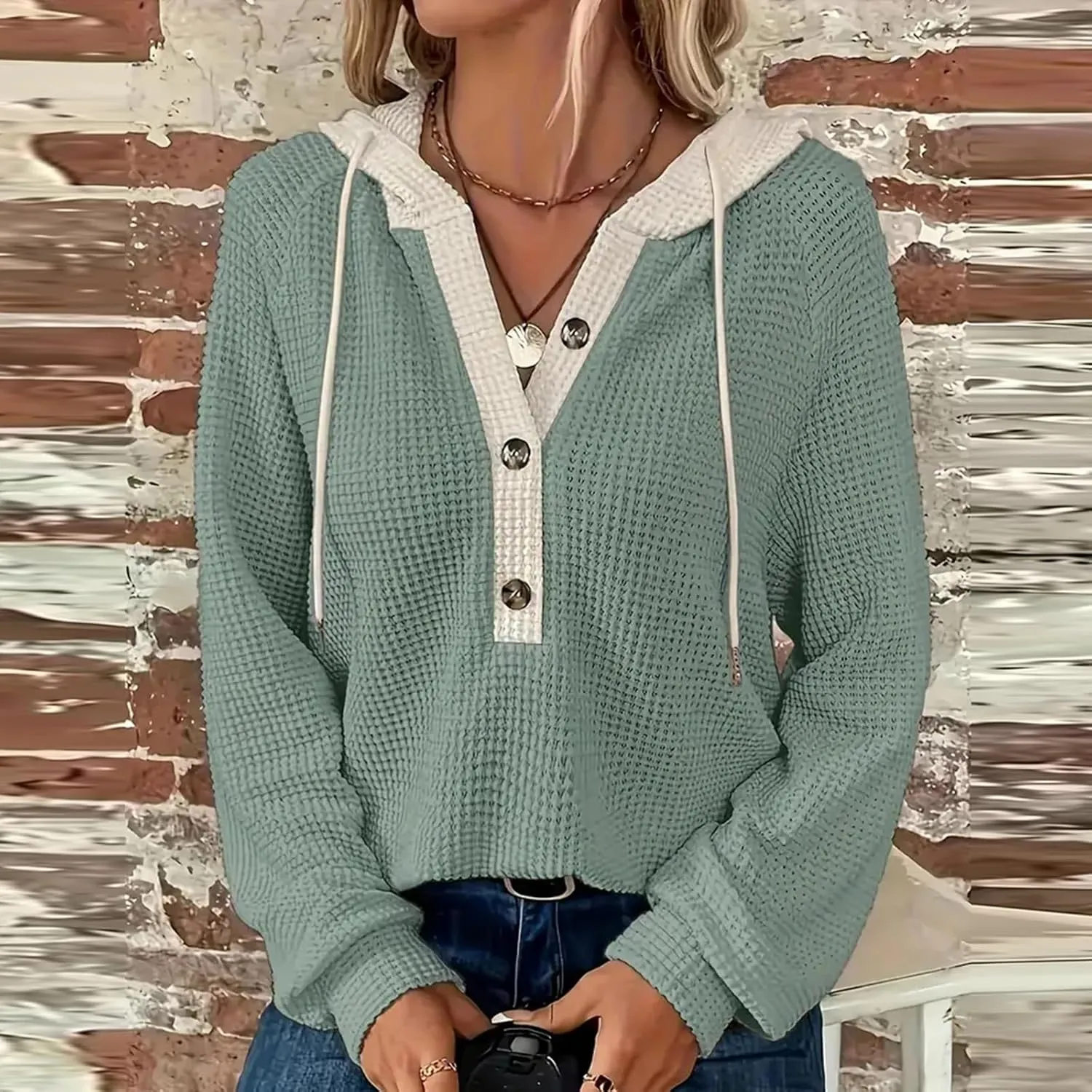 GOFULY Oversized Sweatshirt For Women Waffle Button Hoodie Fall V Neck Shirts Long Sleeve Solid Drawstring Hoodies Pullover
