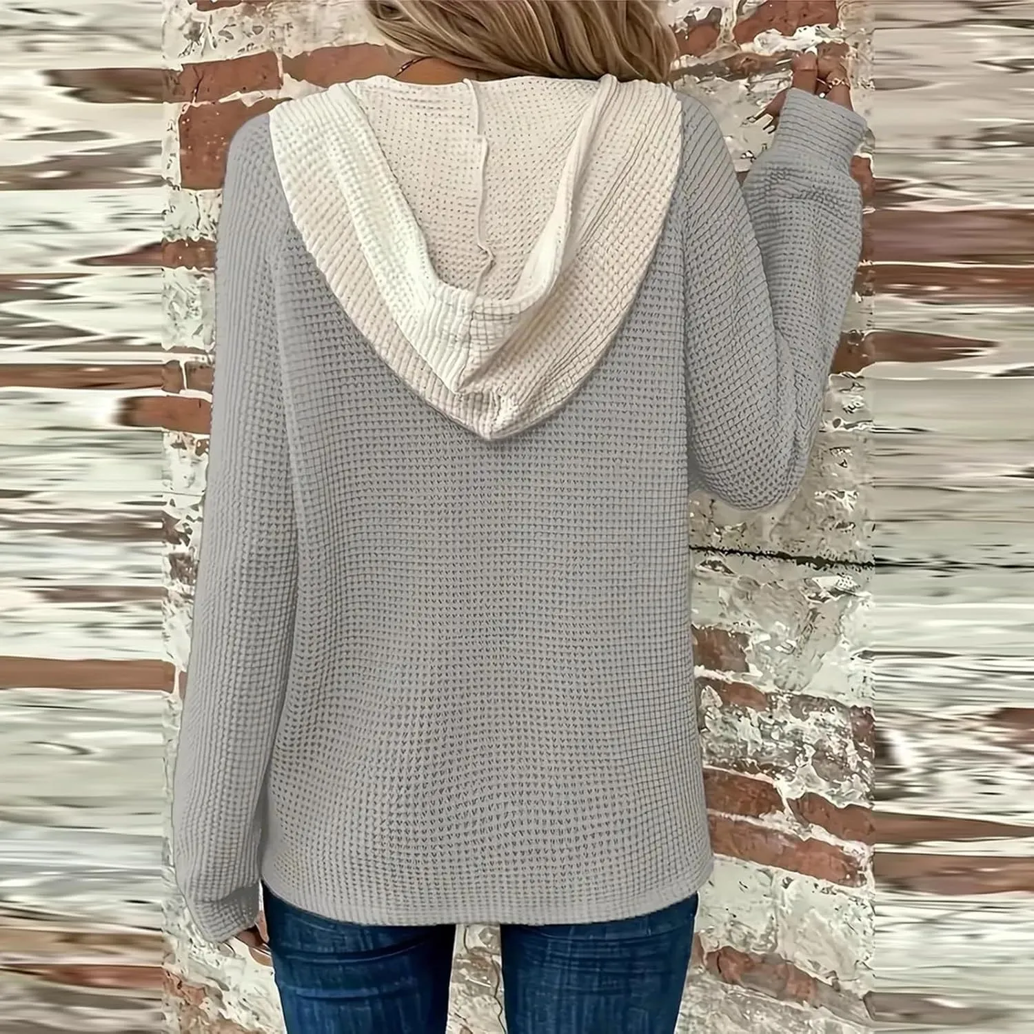 GOFULY Oversized Sweatshirt For Women Waffle Button Hoodie Fall V Neck Shirts Long Sleeve Solid Drawstring Hoodies Pullover
