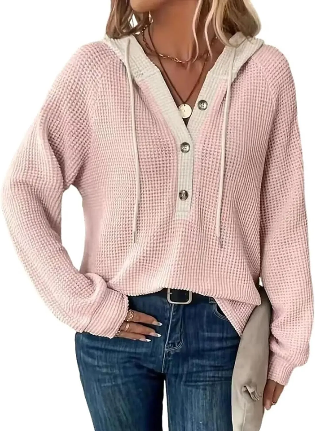 GOFULY Oversized Sweatshirt For Women Waffle Button Hoodie Fall V Neck Shirts Long Sleeve Solid Drawstring Hoodies Pullover