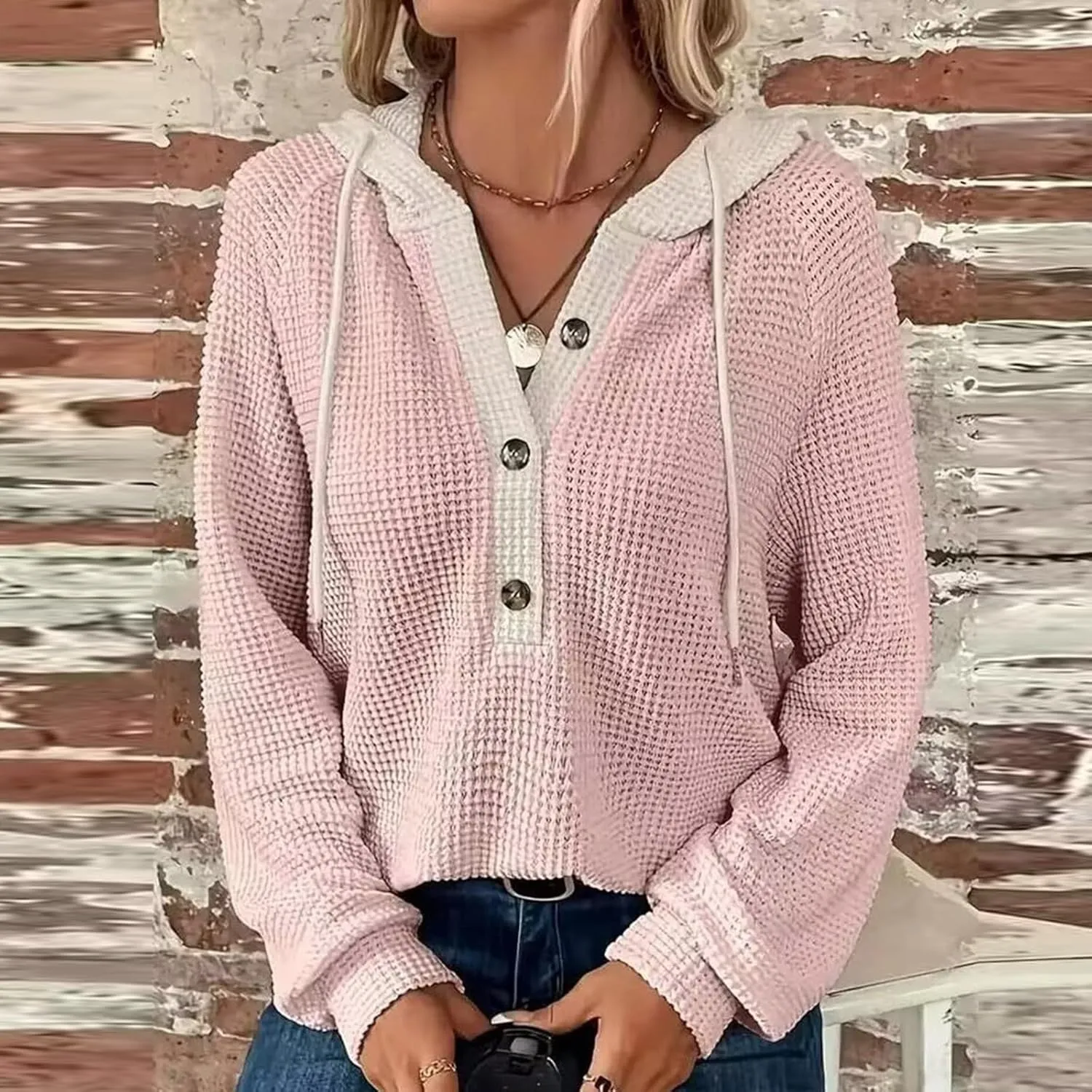 GOFULY Oversized Sweatshirt For Women Waffle Button Hoodie Fall V Neck Shirts Long Sleeve Solid Drawstring Hoodies Pullover