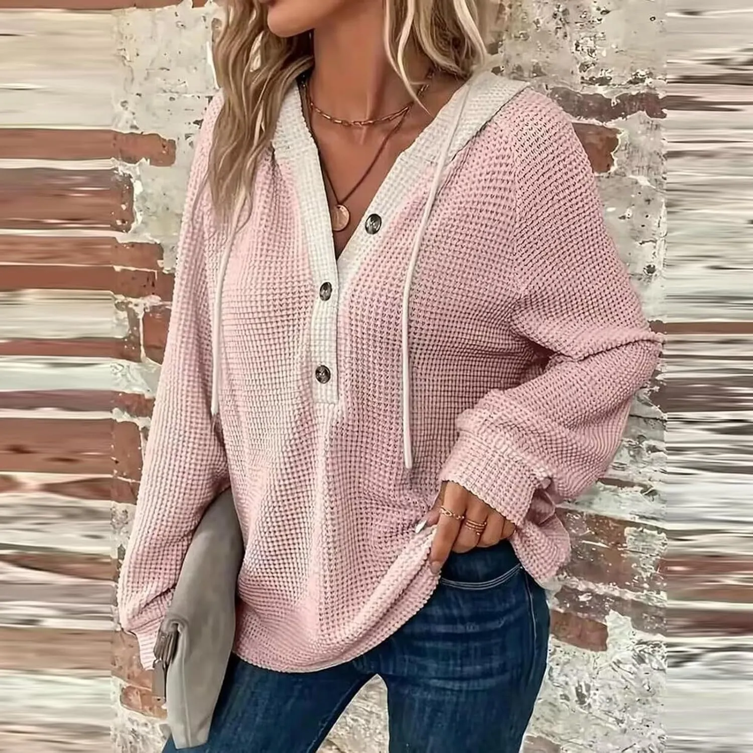 GOFULY Oversized Sweatshirt For Women Waffle Button Hoodie Fall V Neck Shirts Long Sleeve Solid Drawstring Hoodies Pullover