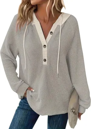 GOFULY Oversized Sweatshirt For Women Waffle Button Hoodie Fall V Neck Shirts Long Sleeve Solid Drawstring Hoodies Pullover