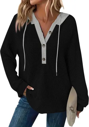 GOFULY Oversized Sweatshirt For Women Waffle Button Hoodie Fall V Neck Shirts Long Sleeve Solid Drawstring Hoodies Pullover